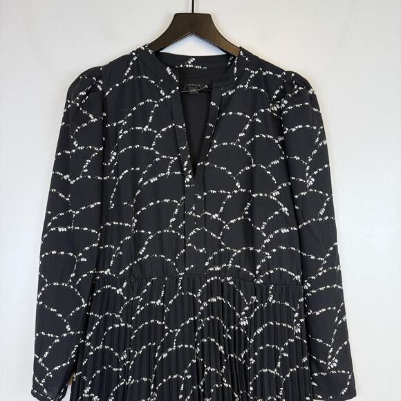 Ann Taylor Pleated Shirt Dress Black White Floral Midi Flare - 4 - Picture 2 of 10